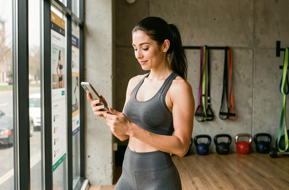Femme accédant aux fonctionnalités de son abonnement fitness illimité sur smartphone