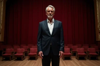 Acteur grand et élégant en costume sombre sur une scène de théâtre parisien avec rideaux en velours rouge