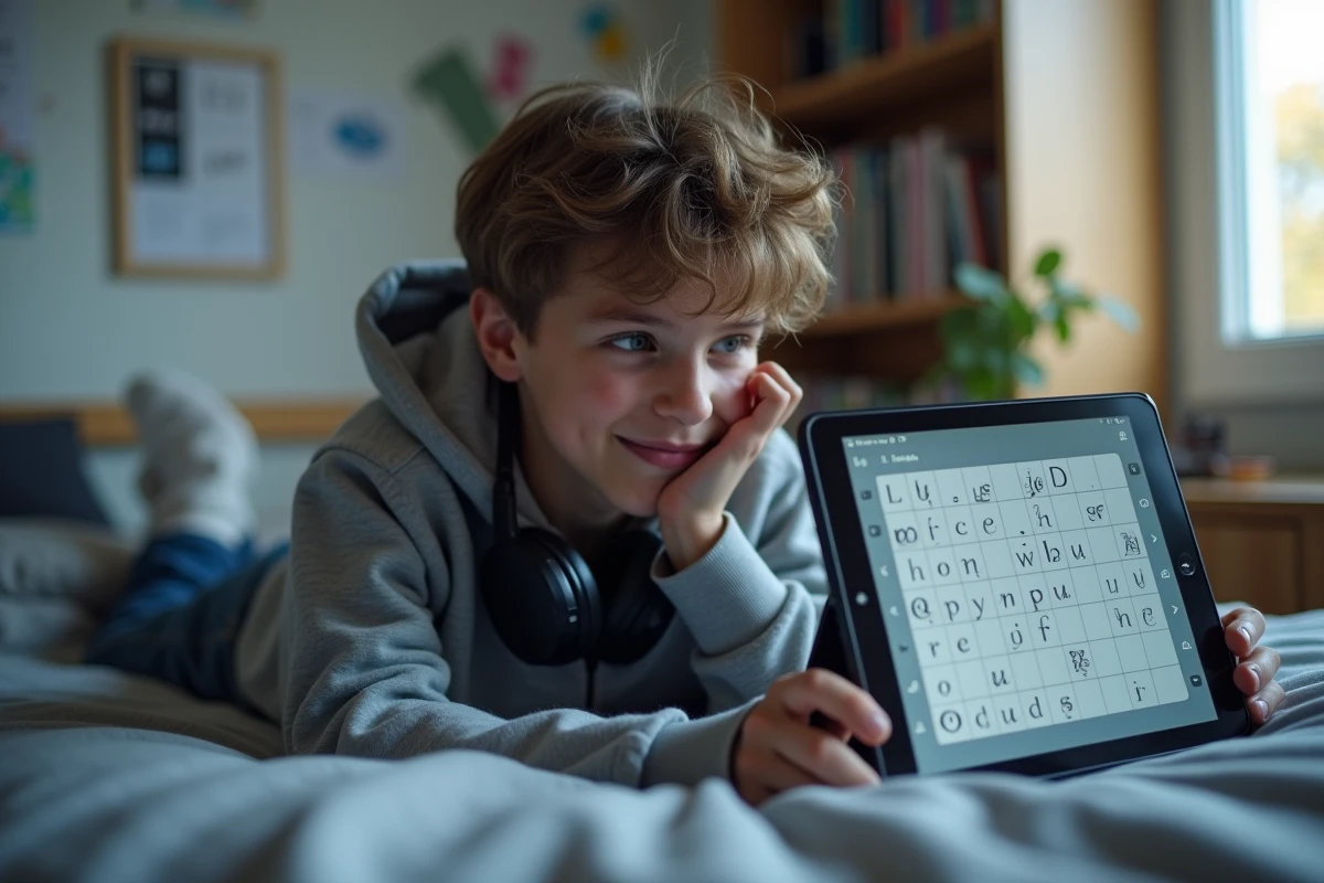 Adolescent jouant à Codycross en français sur une tablette dans sa chambre