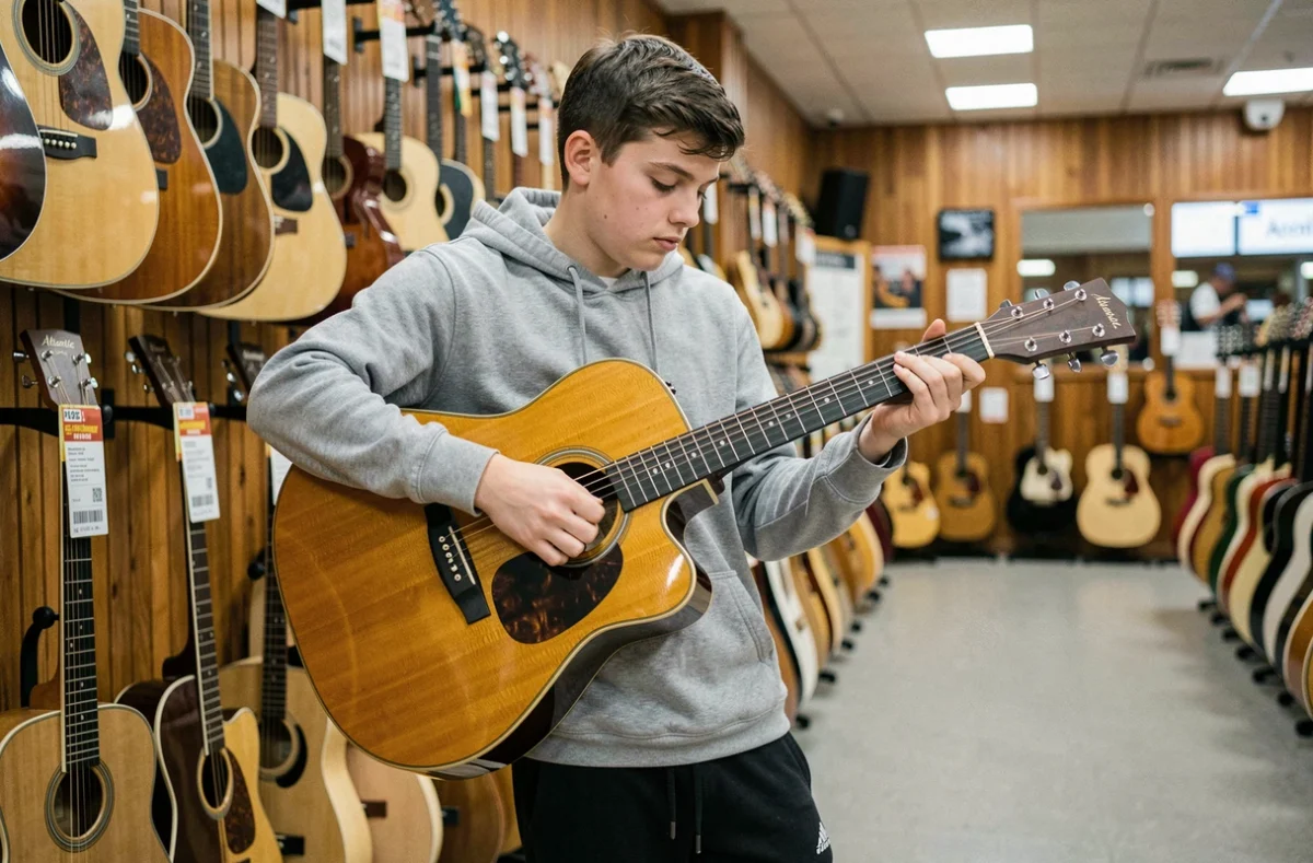 Adolescent examinant une guitare acoustique Atlantic dans un magasin de musique face à un mur de guitares