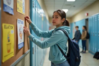 Élève affichant une affiche de candidature pour les élections de délégué de classe dans un couloir de collège