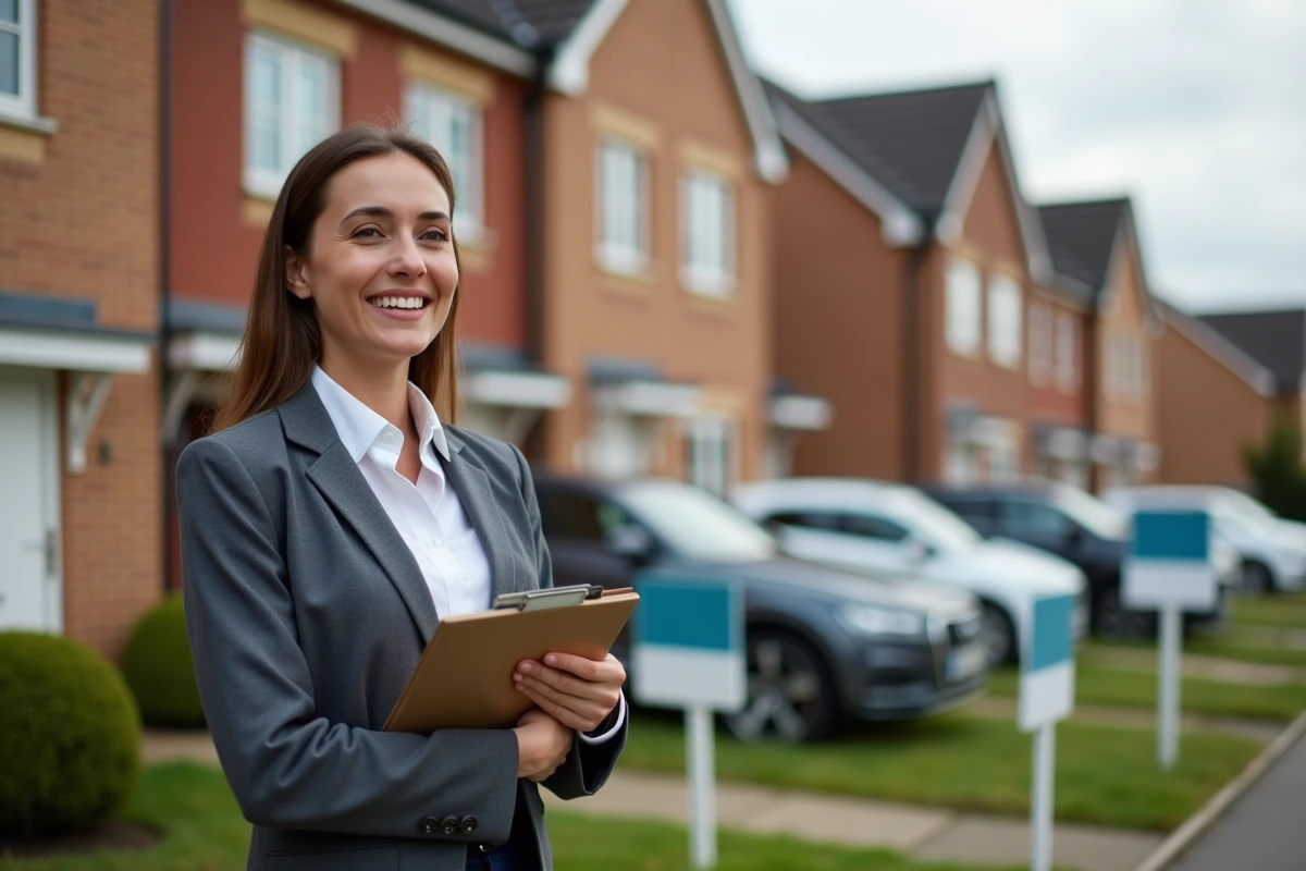 Jeune agente immobilière devant une maison avec panneaux