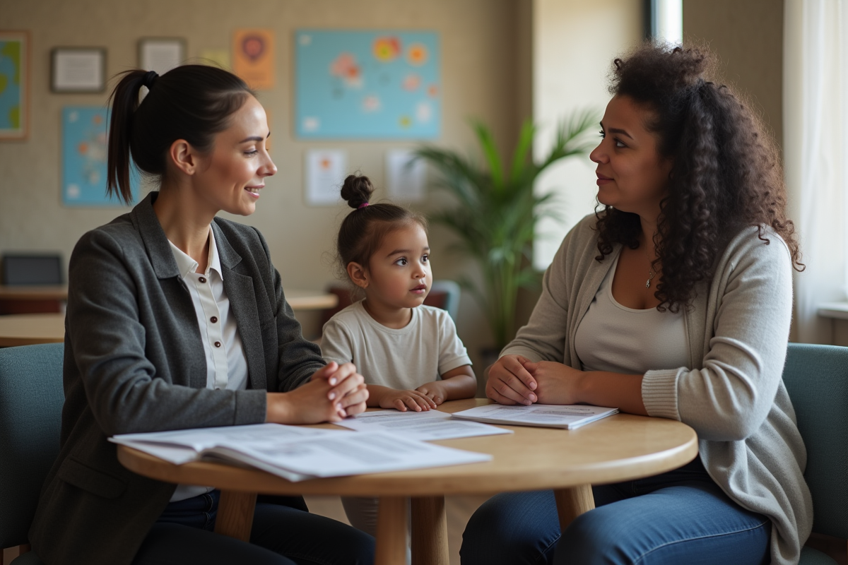 Travailleuse sociale avec mère et enfant dans centre