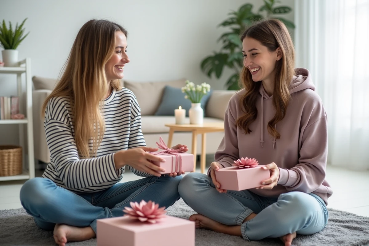 Deux amies emballant ensemble des cadeaux à 5 euros pour femme avec du papier rose et des rubans velours dans un salon moderne