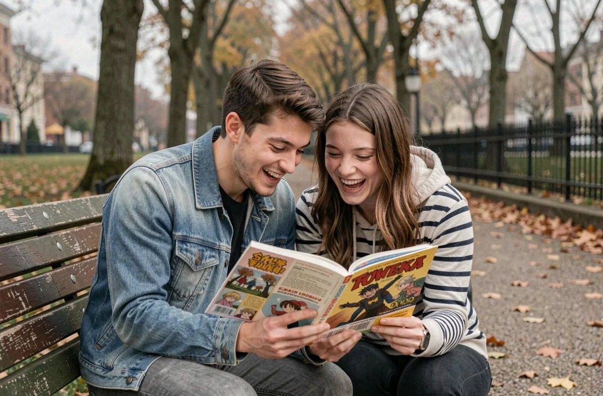 Deux amis partageant la lecture d'un scan manga dans un parc en automne, évoquant la communauté de lecteurs francophones de Just Friends