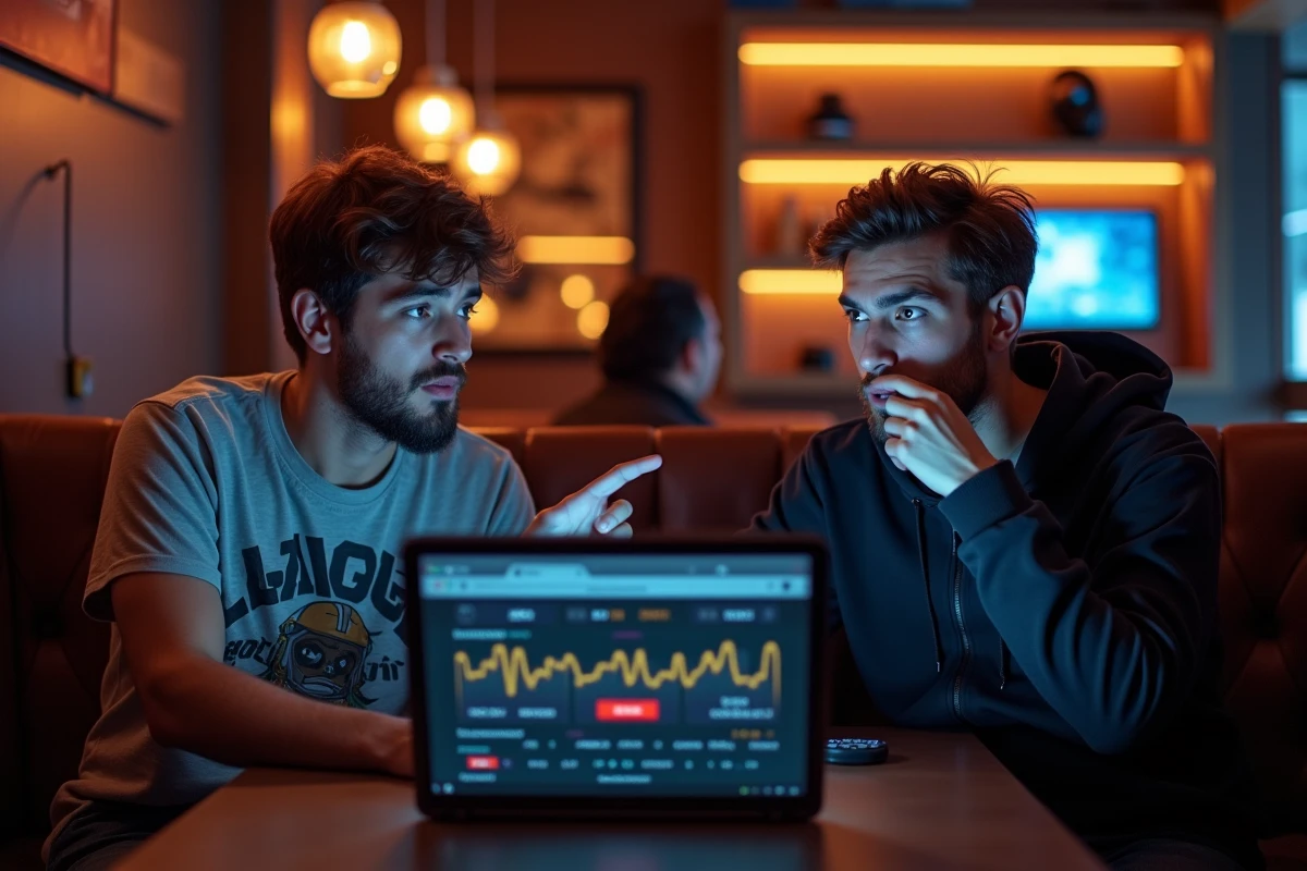 Deux amis réagissant avec surprise au nombre d'heures passées sur League of Legends dans un café gaming