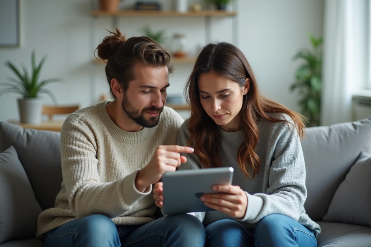 Deux amis examinant ensemble un site de tchat sur une tablette pour en vérifier la fiabilité