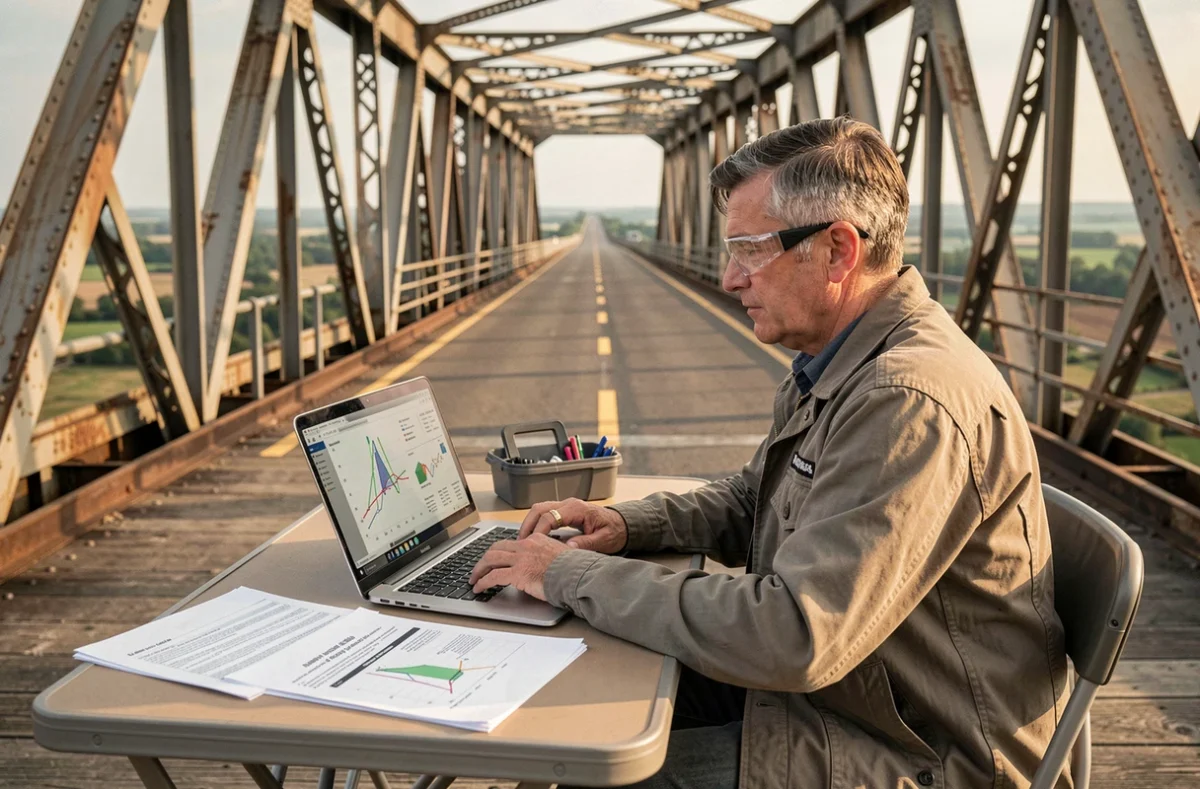 Analyste structurel travaillant sur des simulations de contraintes mécaniques sur un pont à treillis métallique, modélisation des points de rupture