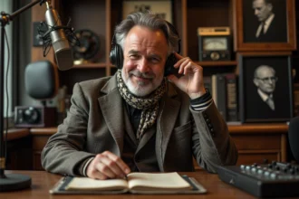 Homme d'âge moyen avec casque rétro dans studio radio