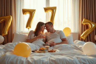 Couple heureux célébrant leur 7e anniversaire dans un lit élégant