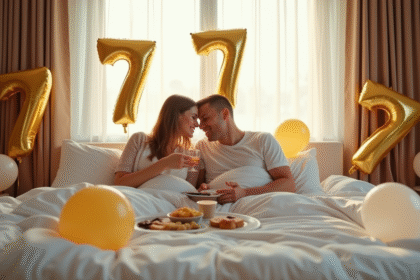 Couple heureux célébrant leur 7e anniversaire dans un lit élégant