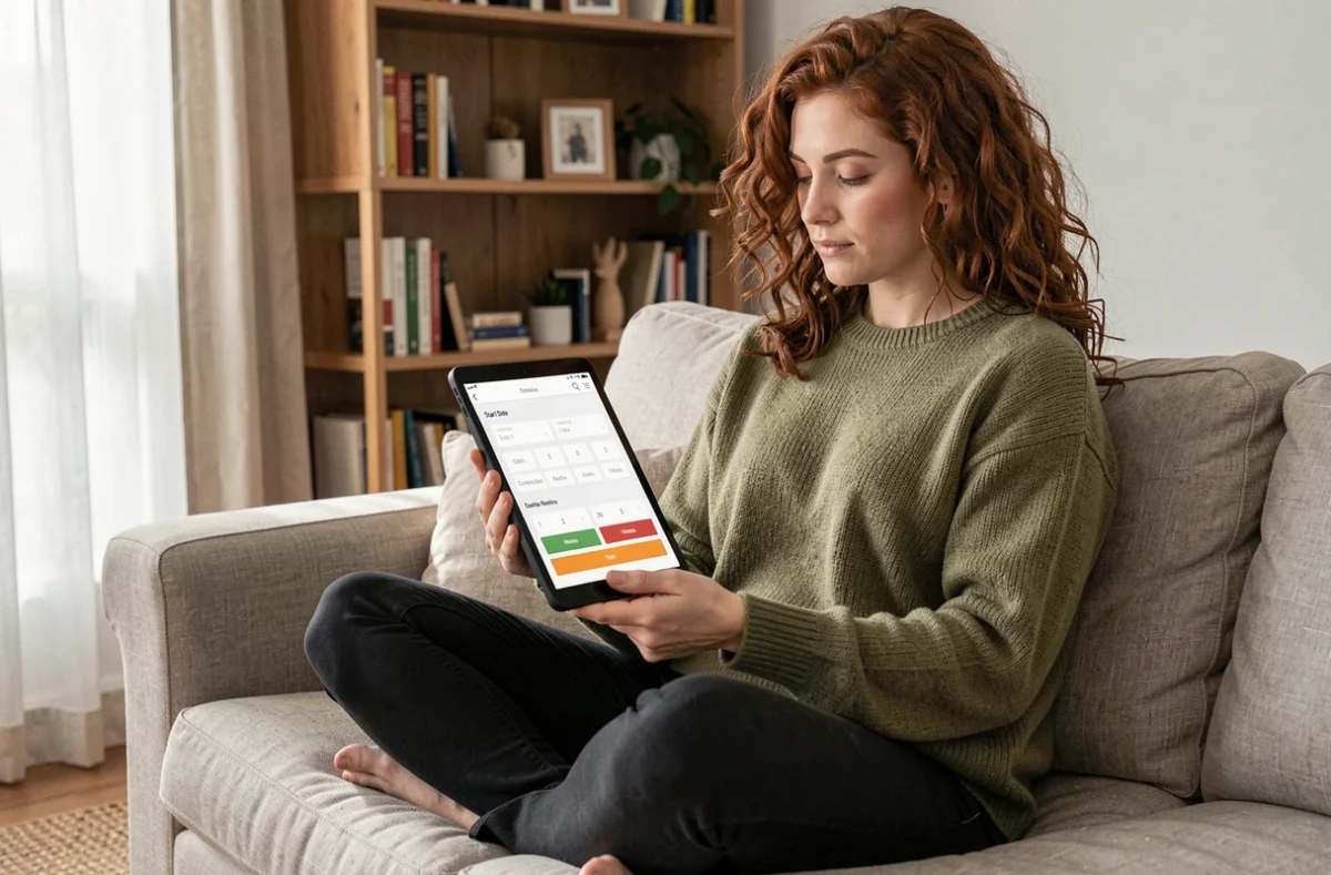Jeune femme utilisant une application de calcul de durée entre deux dates sur une tablette depuis son bureau à domicile
