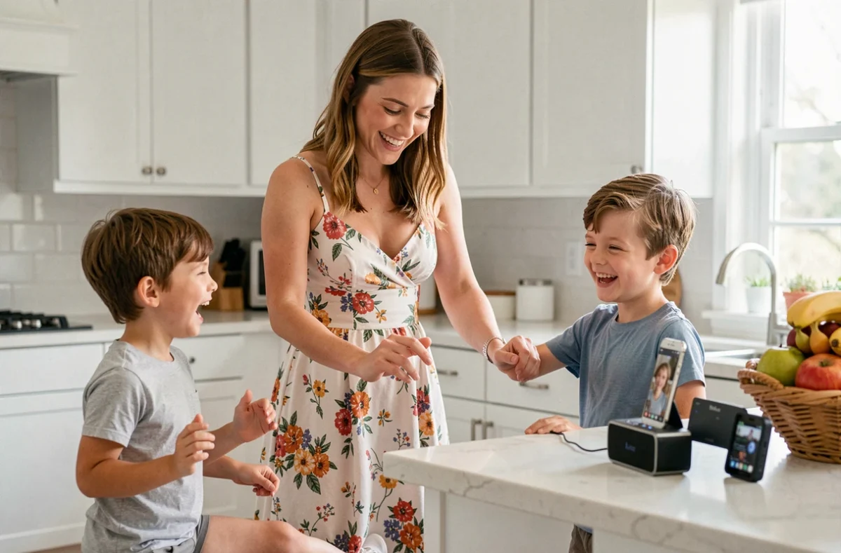 Jeune femme apprenant les pas du madison à deux enfants dans une cuisine lumineuse, ambiance familiale et joyeuse