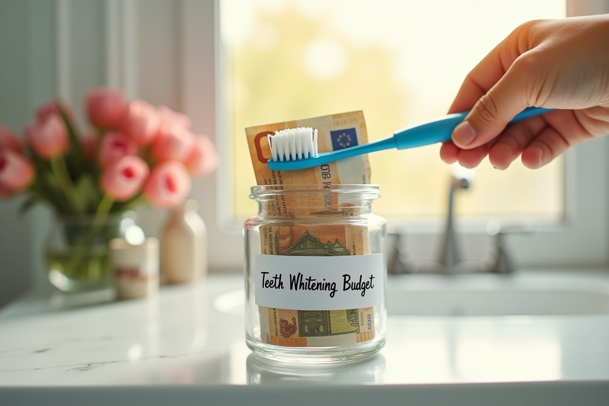 Mains plaçant billets et brosse à dents dans un pot de blanchiment dentaire