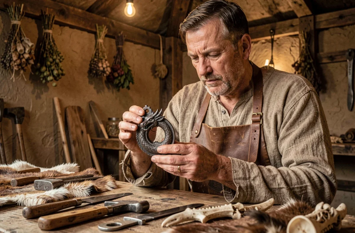 Artisan viking tenant une amulette en fer en forme de dragon nordique dans un atelier historique reconstitué