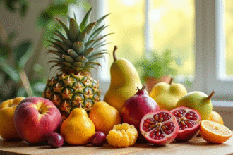 Assortiment de fruits frais commençant par P sur une table en bois