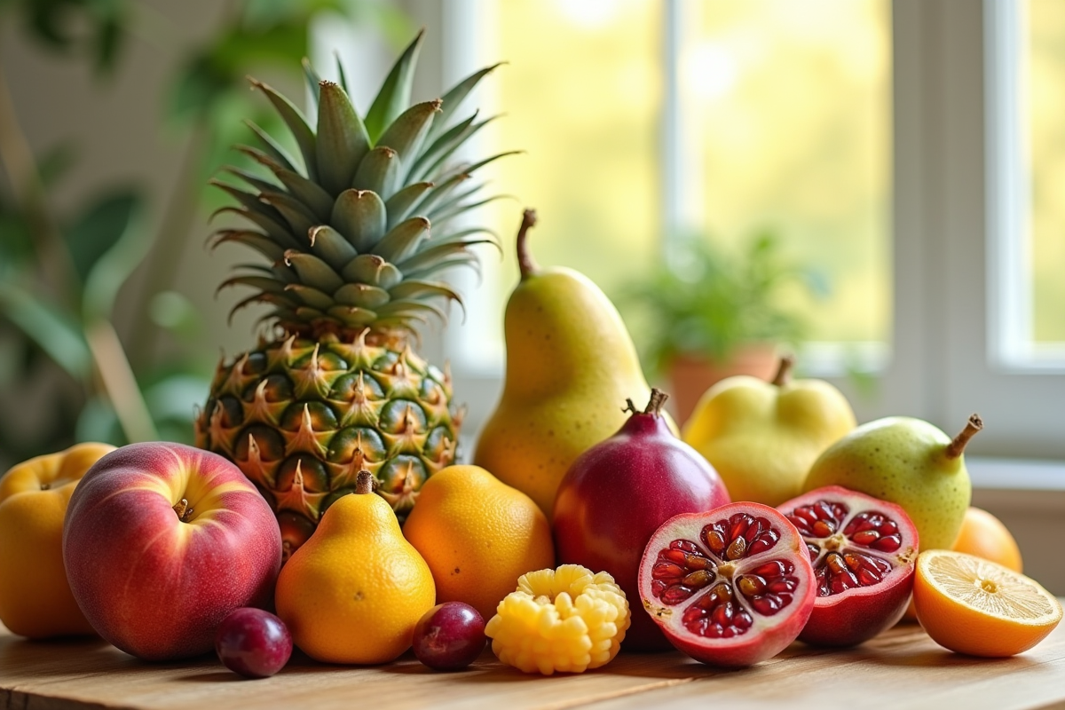 Assortiment de fruits frais commençant par P sur une table en bois