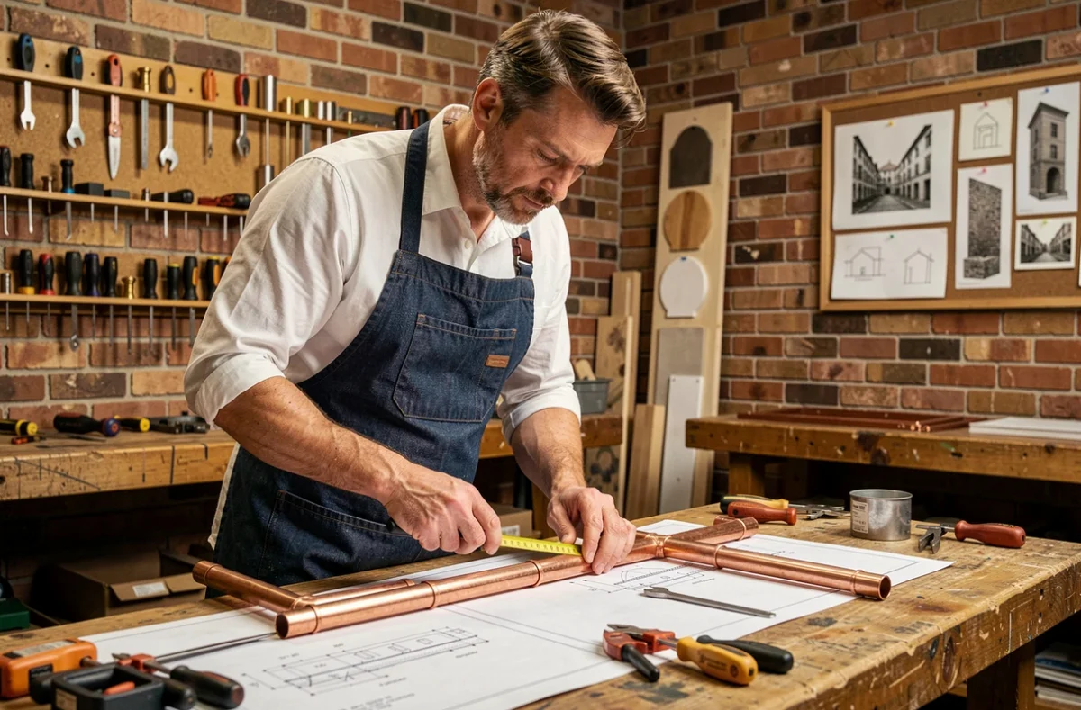 Artisan de l'Atelier RC mesurant et découpant un assemblage de tuyaux en cuivre sur mesure dans son atelier