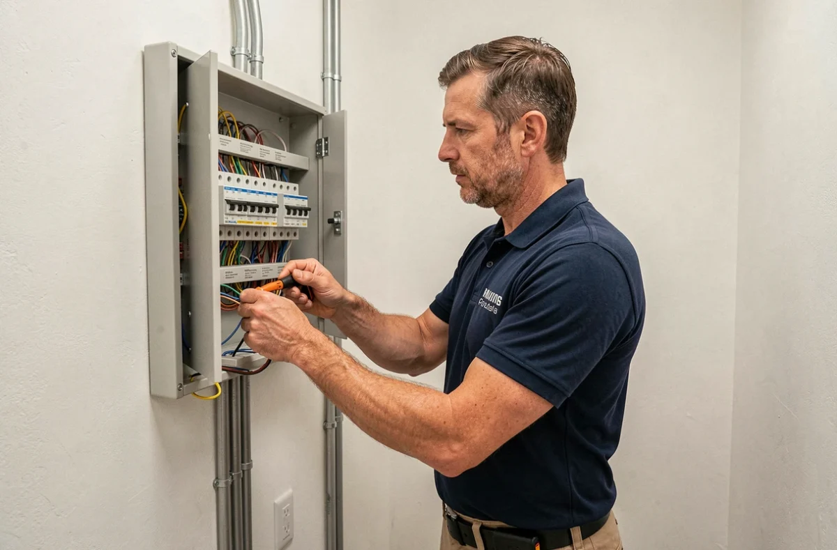 Électricien d'Atout Service connectant des câbles dans un tableau électrique résidentiel moderne
