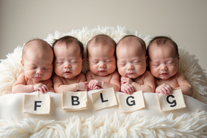 Groupe de bébés nouveau-nés avec tags portant G sur une couverture blanche