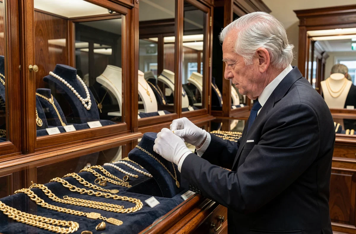 Bijoutier de la maison Bousquet arrangeant des colliers en or et perles dans une vitrine en acajou