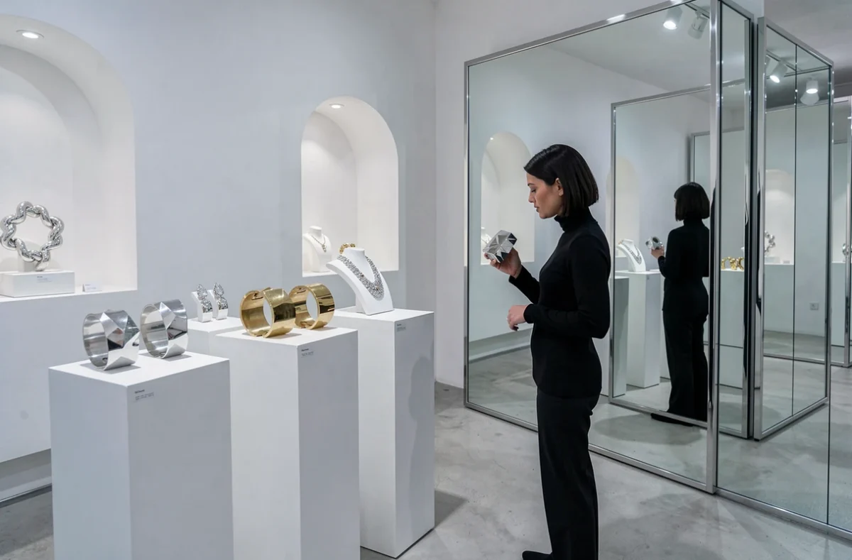 Intérieur minimaliste de la bijouterie Carlita avec des bijoux sculptés en argent et or sur des présentoirs blancs