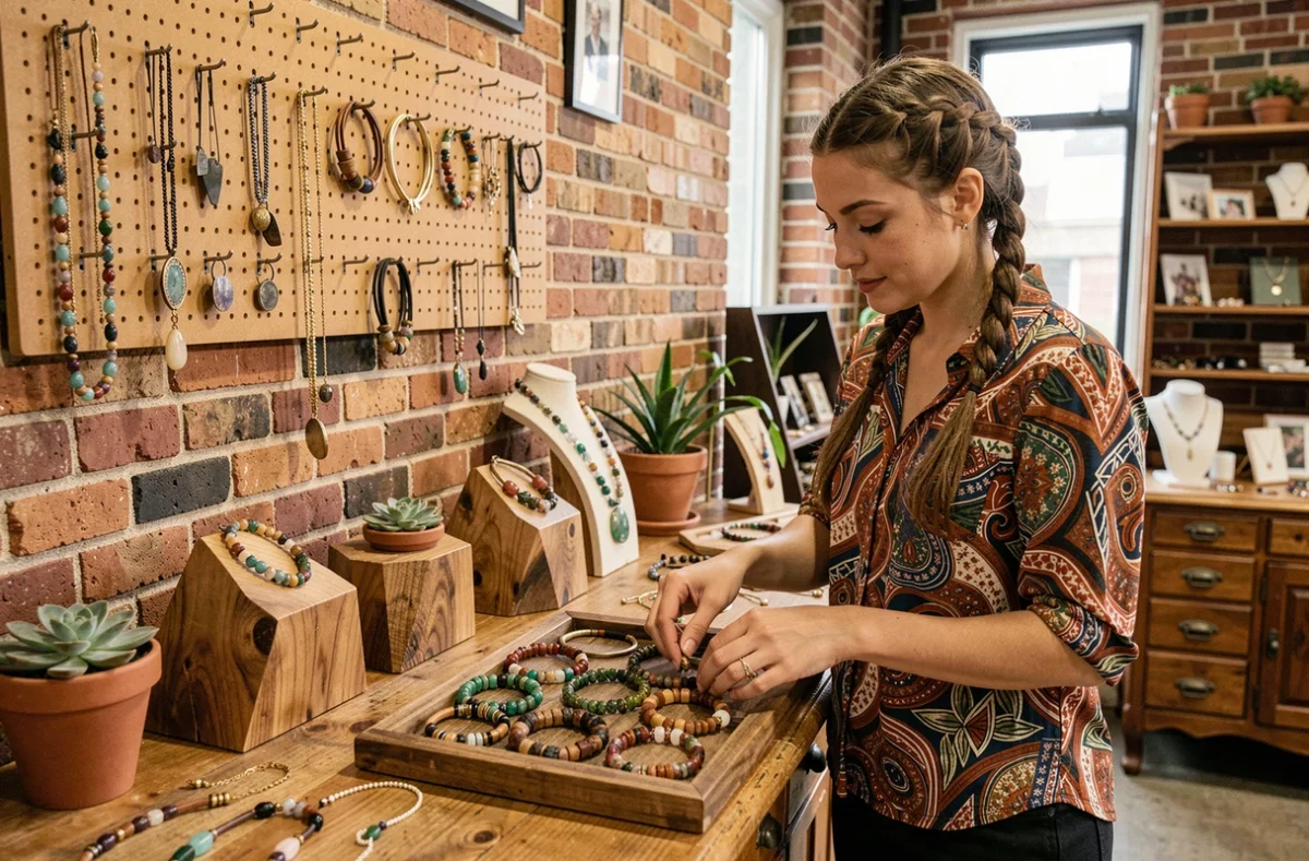 Studio boutique de IG Inspirations avec une collection de bijoux faits main en pierres semi-précieuses et métaux mixtes