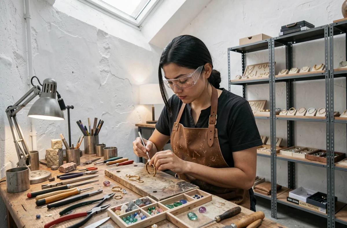Artisane de Kiara Creation travaillant à l'établi sur la création de bijoux en or sertis de pierres précieuses