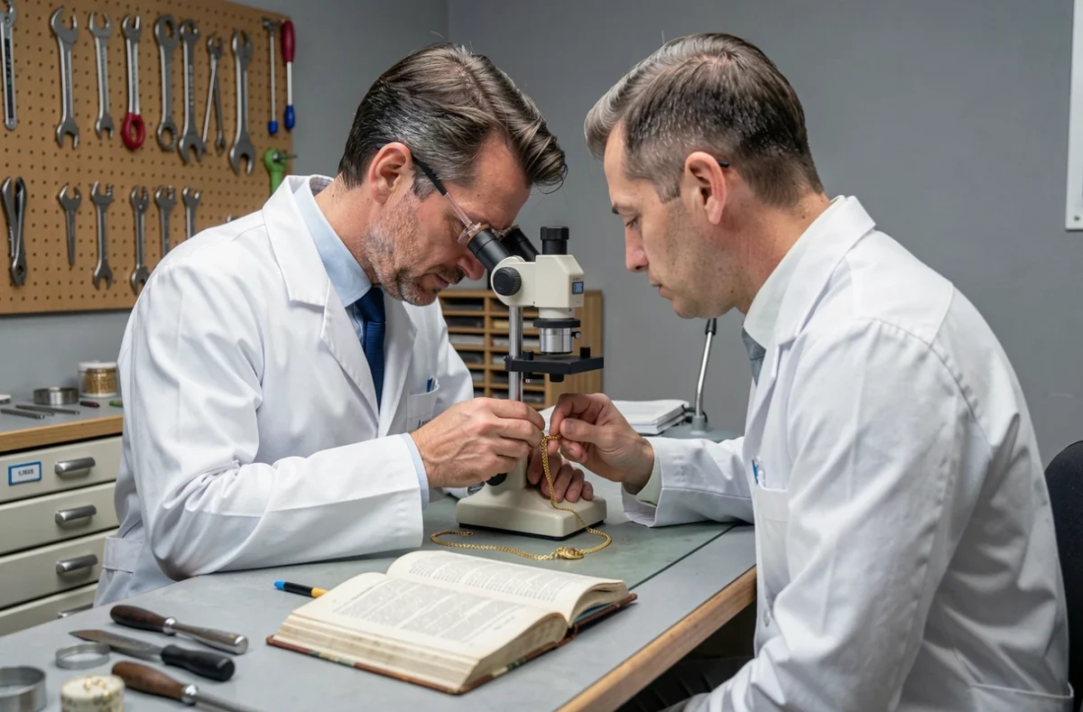 Bijoutier expert inspectant un collier ancien avec une loupe professionnelle et un livre de référence sur les poinçons internationaux