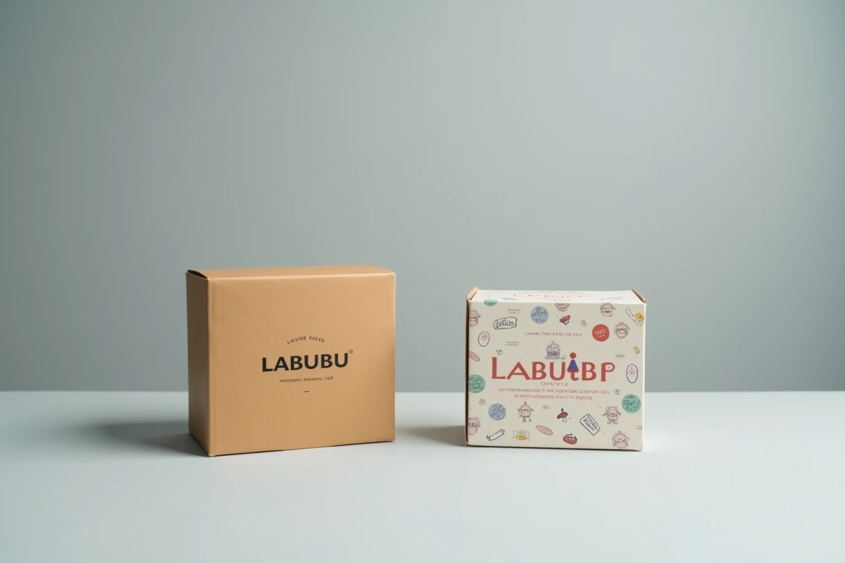 Comparaison de deux boîtes Labubu originale et contrefaite montrant les différences de typographie et de finition