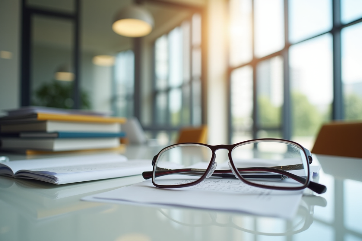 Intérieur lumineux avec documents juridiques et lunettes sur table