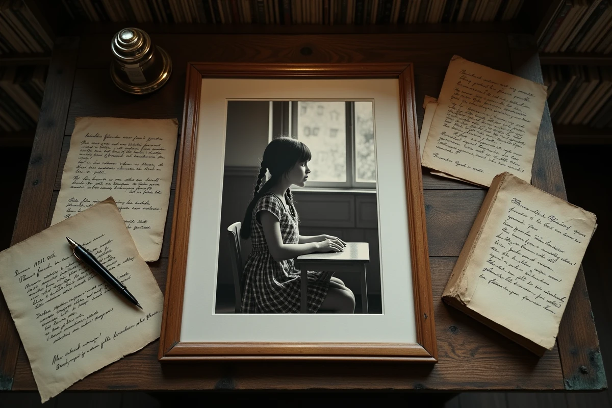 Bureau d'écrivain avec une vieille photo encadrée d'une fillette des années 80 et des feuillets manuscrits de paroles de chanson évoquant le contexte historique de Comme toi