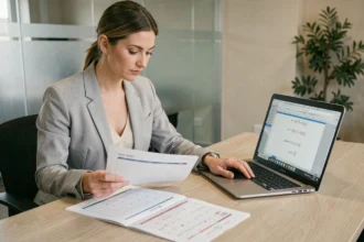Femme professionnelle comparant deux calendriers imprimés à côté d'un tableur ouvert pour calculer une durée entre deux dates