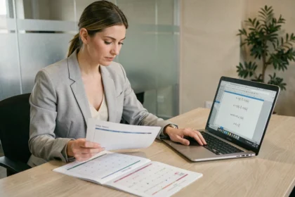 Femme professionnelle comparant deux calendriers imprimés à côté d'un tableur ouvert pour calculer une durée entre deux dates