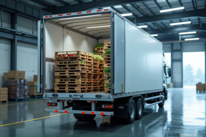 Camion frigorifique avec palettes de produits frais visibles