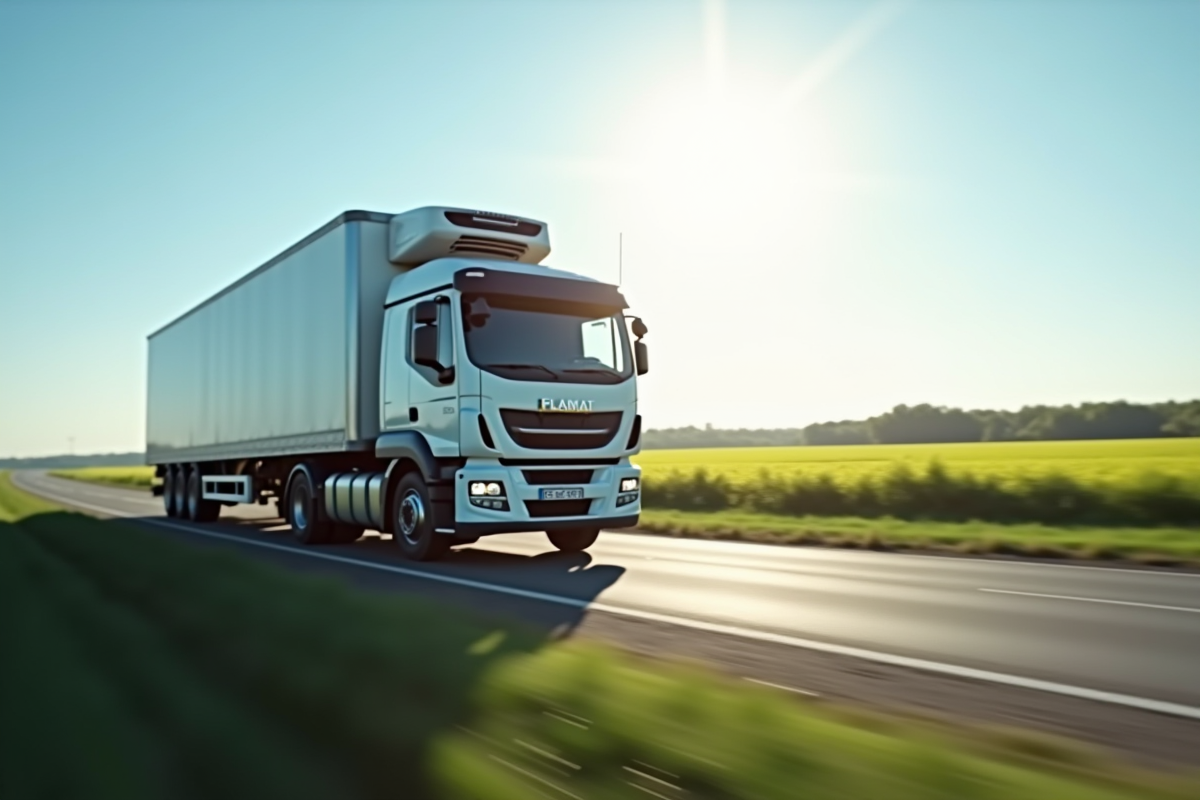 Camion frigorifique en route sur une route ensoleillee