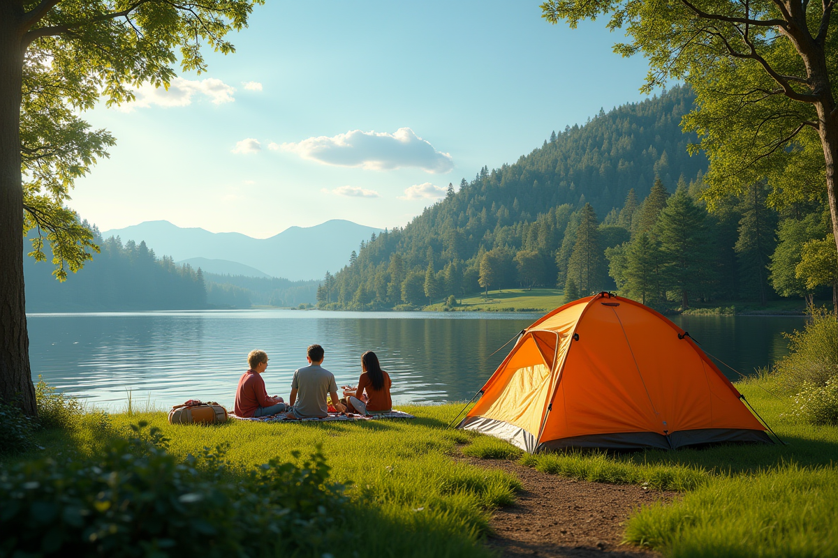 Famille profitant d un pique-nique au bord du lac en camping