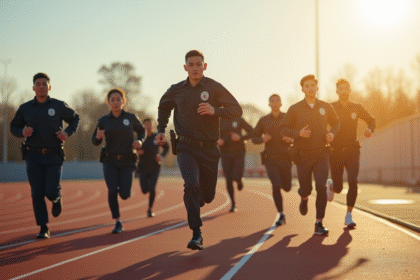 Groupe de candidats policiers en entraînement en extérieur