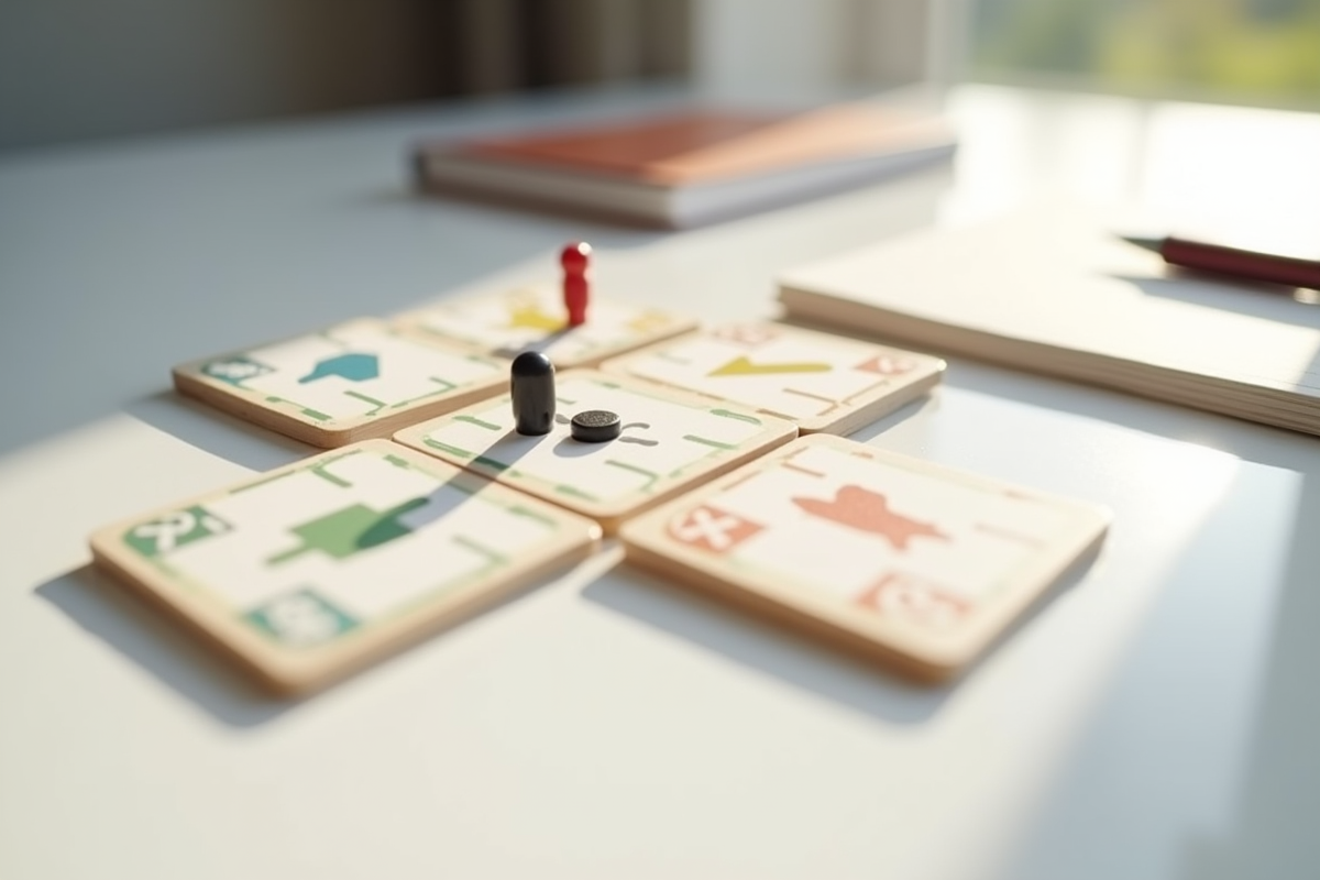 Cartes et pions Cluedo sur une surface blanche avec un carnet