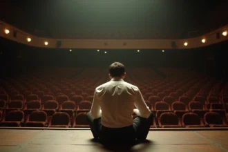 Chanteur solitaire assis sur une scène vide des années 1970, tête baissée, évoquant la solitude et la détresse émotionnelle d'un artiste