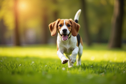 Beagle heureux courant dans un parc vert ensoleille