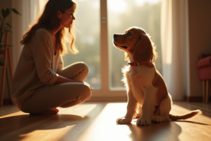 Chiot cocker spaniel assis sur un sol en bois en intérieur chaleureux