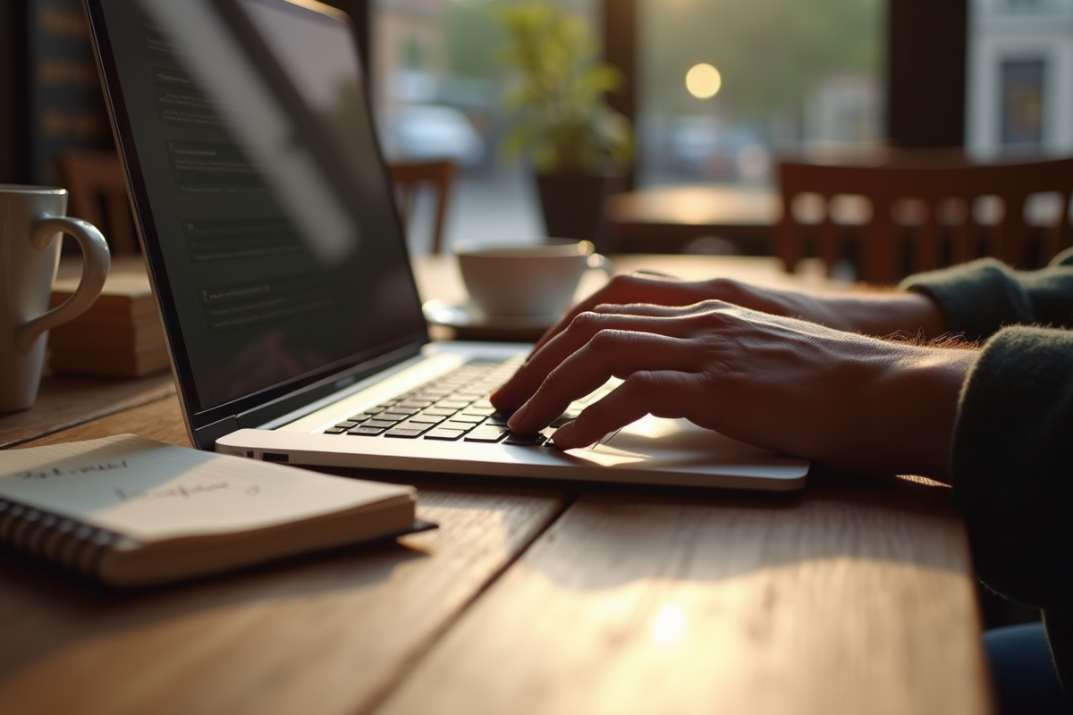 Mains tapant sur un clavier dans un café à Lille