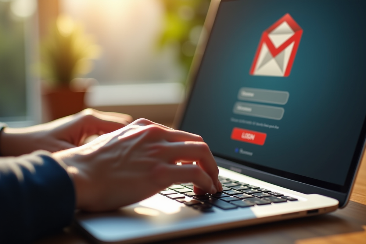 Mains tapant sur un clavier avec écran webmail en vue