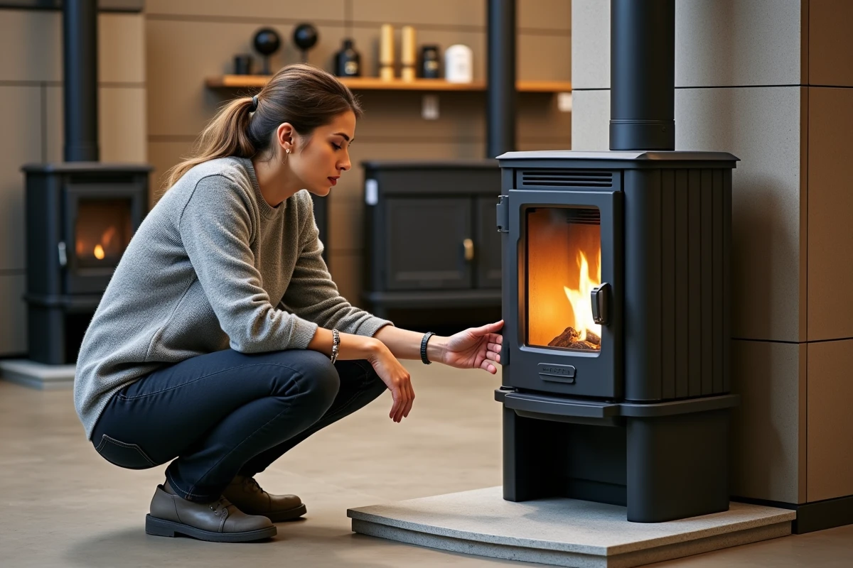 Cliente inspectant attentivement un poêle à granulés en pierre dans un showroom de chauffage spécialisé