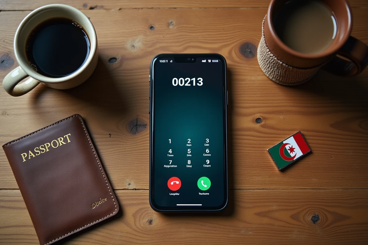 Vue de dessus d'un smartphone affichant le code 00213 pour appeler l'Algérie avec drapeau algérien et passeport