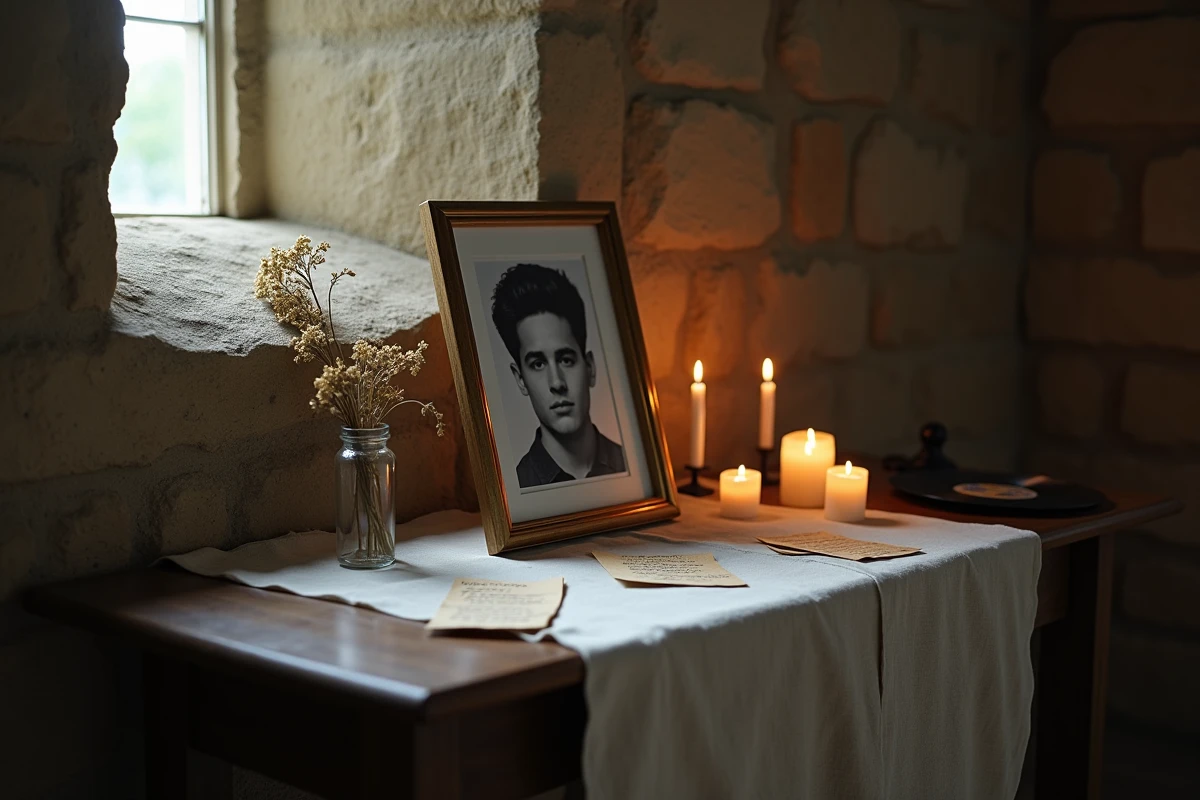 Coin mémorial sobre dans une église en pierre avec portrait encadré, notes manuscrites et disque vinyle rendant hommage à une vie perdue, en lien avec le contexte de la chanson Comme toi