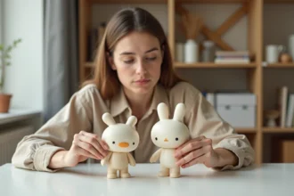 Jeune femme comparant deux figurines Labubu authentiques et contrefaites côte à côte sur une table blanche