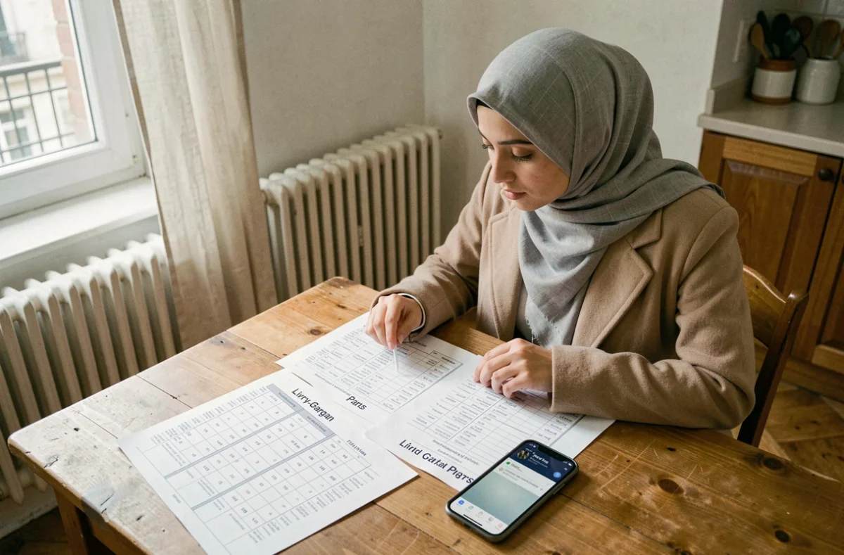 Femme musulmane comparant les horaires de prière de Livry-Gargan et Paris sur une table dans un appartement d'Île-de-France