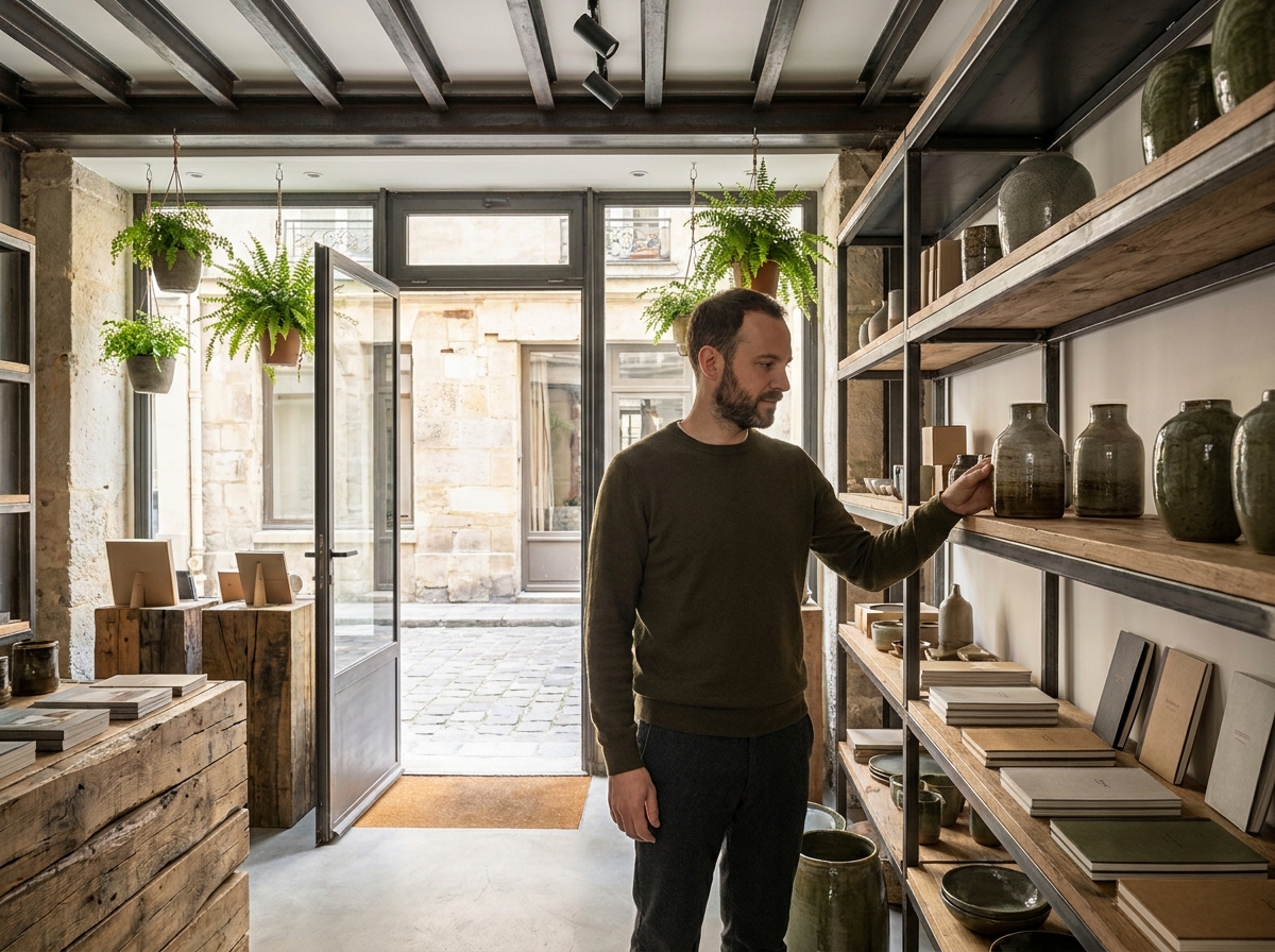 Homme parcourant des objets de design dans un concept store tendance du Haut Marais à Paris